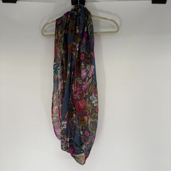 Saachi Infinity Scarf Womens One Size Blue Floral Wool Silk Art To Wear Bohemian - Picture 1 of 6